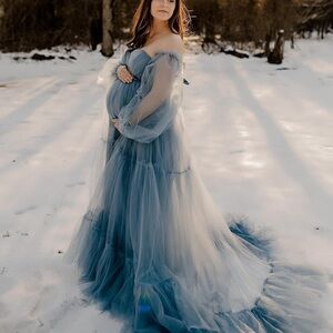 Fluffy Tulle Maternity Dress for Photoshoot V Neck